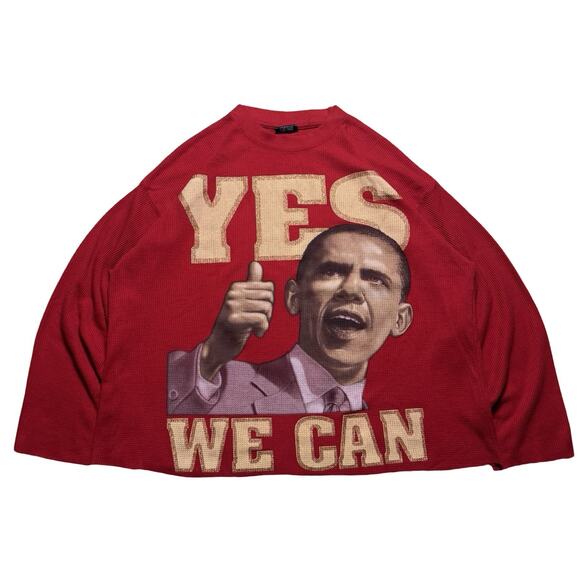 Vintage Y2K Obama Yes We Can Cropped Boxy Thermal Red Mens Large - Picture 1 of 6